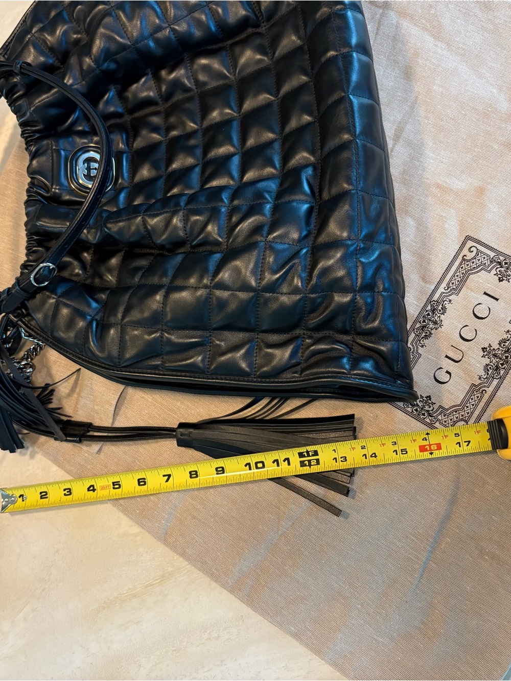 Gucci Black Quilted Leather Drawstring Shoulder Bag with tassels - Picture 10 of 13